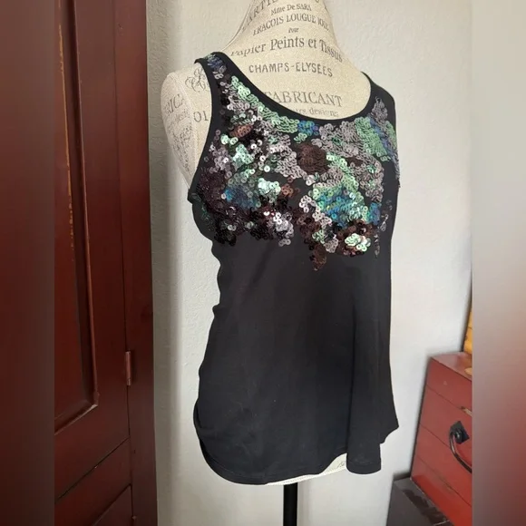 Express Small Black Green Silver Sequin Tank Top - Picture 14 of 14